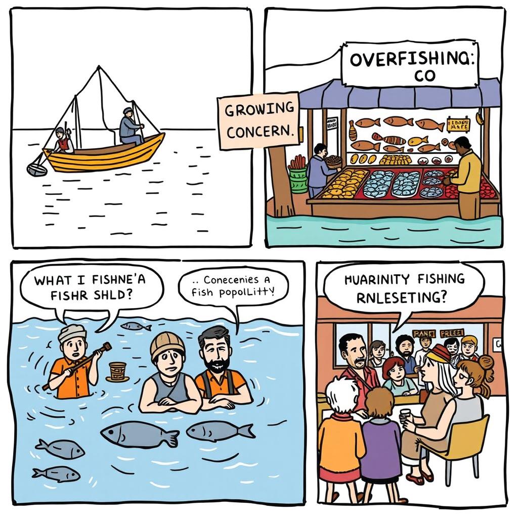 A comic strip depicting the challenges of agriculture with a particular focus on fishing