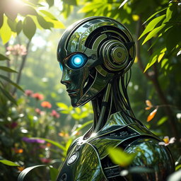 A stunning portrait of a sleek and futuristic robot with intricate circuitry and glowing elements, standing in a lush, vibrant green forest
