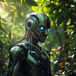 A stunning portrait of a sleek and futuristic robot with intricate circuitry and glowing elements, standing in a lush, vibrant green forest