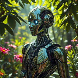 A stunning portrait of a sleek and futuristic robot with intricate circuitry and glowing elements, standing in a lush, vibrant green forest