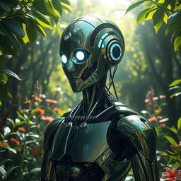 A stunning portrait of a sleek and futuristic robot with intricate circuitry and glowing elements, standing in a lush, vibrant green forest