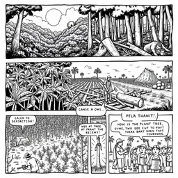 A black and white comic strip depicting the issues of deforestation and its impact on agriculture