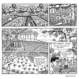 A black and white comic strip depicting the issues of deforestation and its impact on agriculture