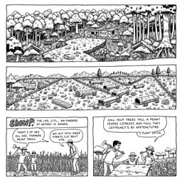 A black and white comic strip depicting the issues of deforestation and its impact on agriculture
