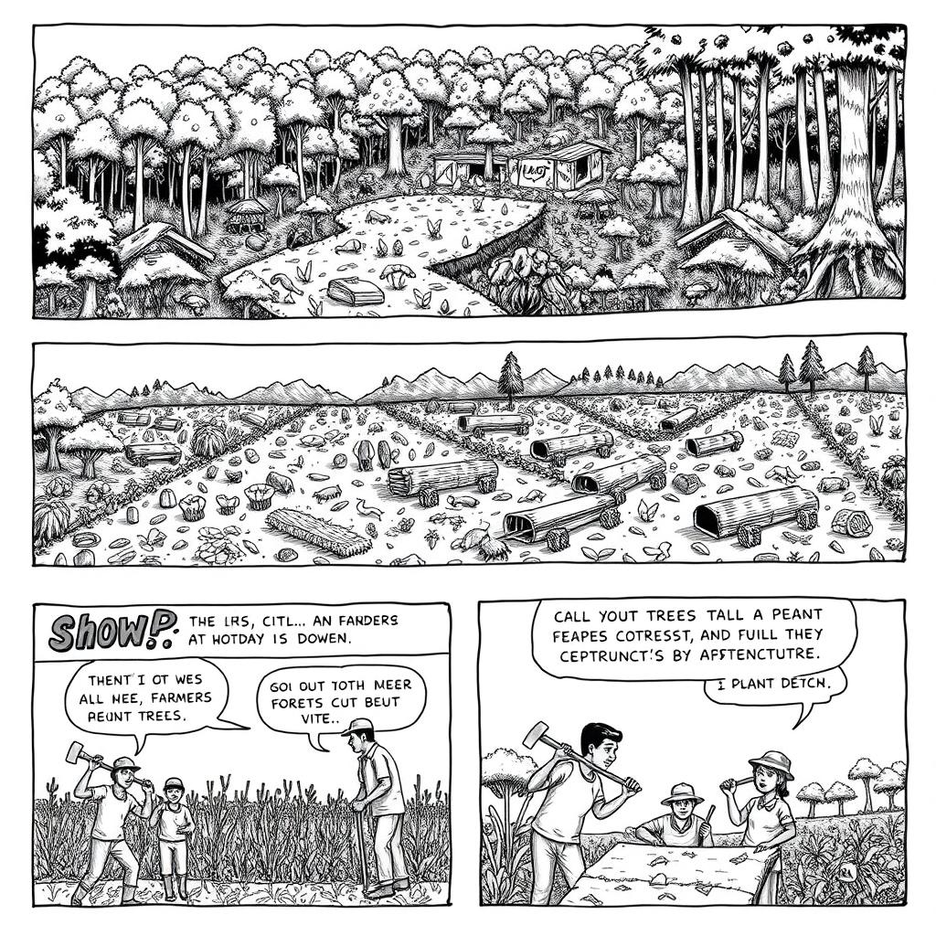 A black and white comic strip depicting the issues of deforestation and its impact on agriculture