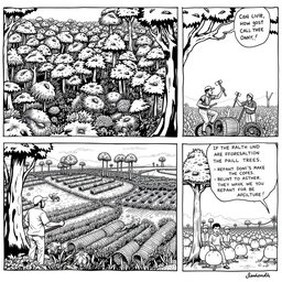 A black and white comic strip depicting the issues of deforestation and its impact on agriculture