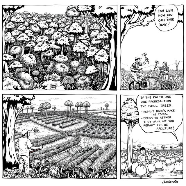 A black and white comic strip depicting the issues of deforestation and its impact on agriculture