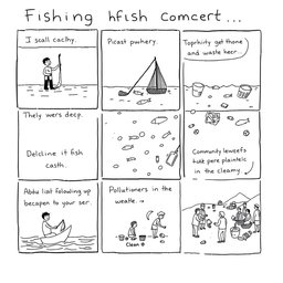 A black and white comic strip illustrating the issues in fishing as an agricultural concern