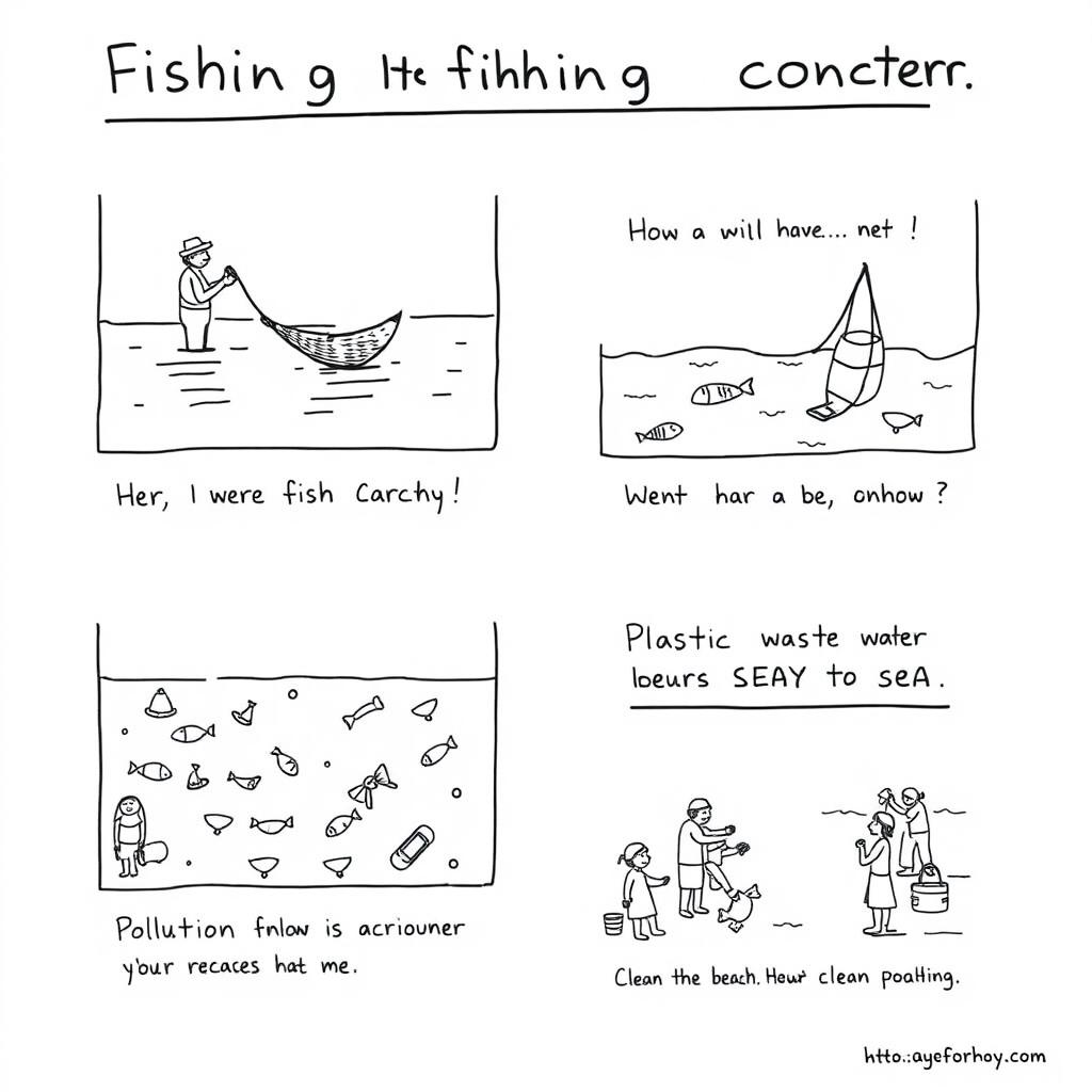 A black and white comic strip illustrating the issues in fishing as an agricultural concern