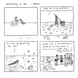 A black and white comic strip illustrating the issues in fishing as an agricultural concern