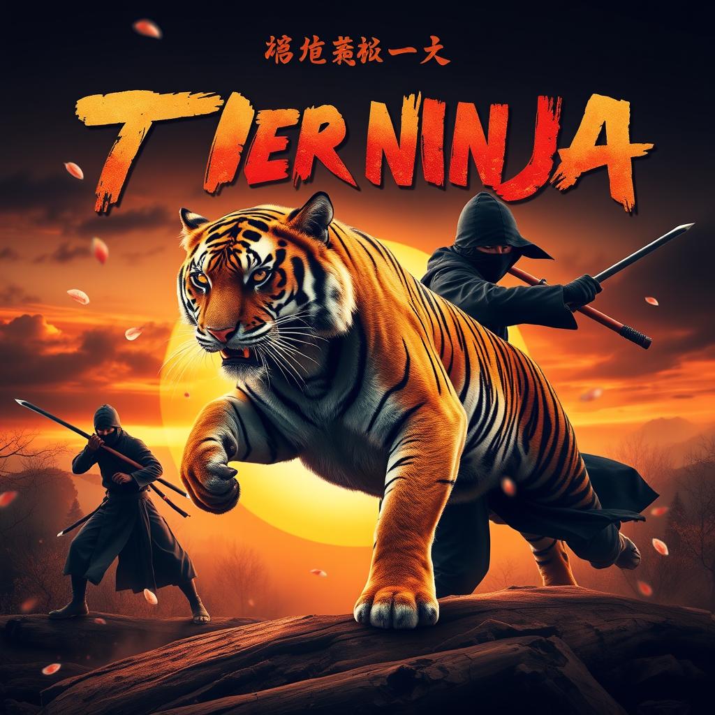 An exciting movie poster featuring a fierce tiger and a skilled ninja, set in a dramatic sunset background