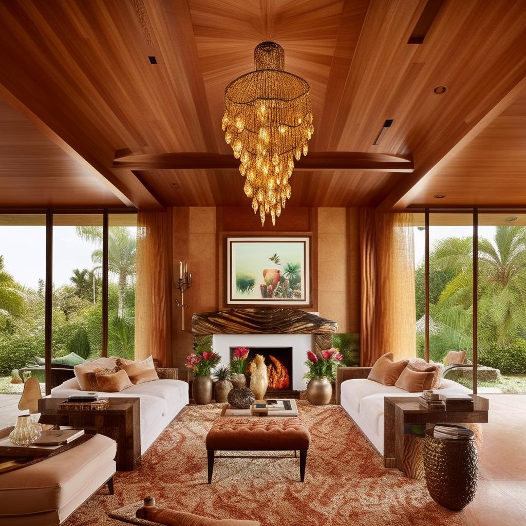 A lavish bungalow-style living room belonging to a billionaire, featuring plush tropical-themed furniture, an opulent chandelier, high-end artwork, sprawling views through a wall of glass sliders, and an inviting fireplace.