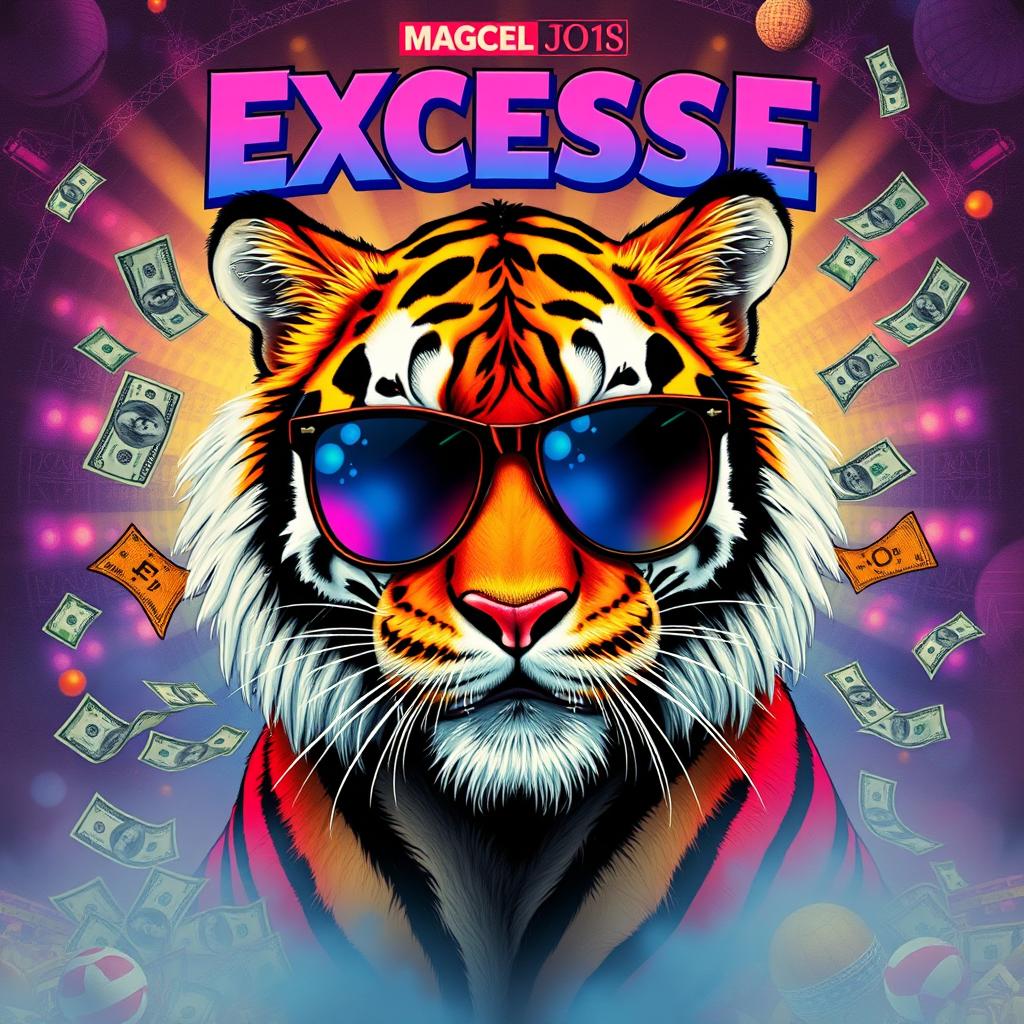 An engaging and edgy movie poster featuring a charismatic tiger with surreal, exaggerated features reflecting a mischievous persona, surrounded by whimsical elements related to the theme of excess