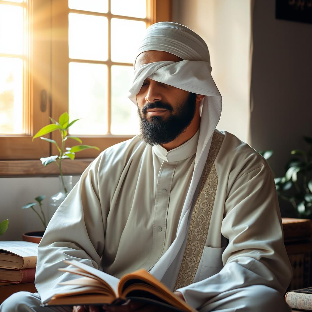 A pious Muslim man wearing traditional attire, with a serene expression, gently covering his eyes with a cloth to symbolize the concept of modesty and righteousness
