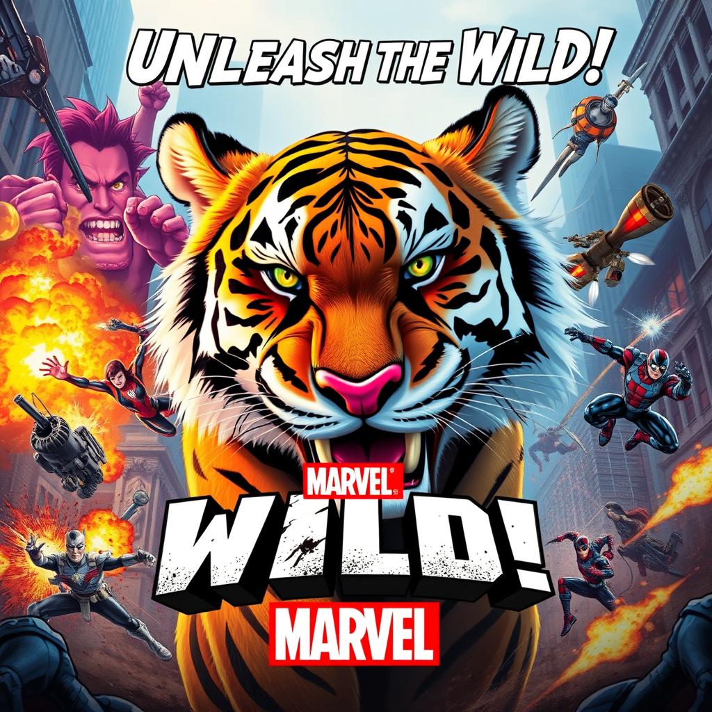 A bold movie poster designed in the Marvel comic style featuring a charismatic tiger infused with vibrant colors and exaggerated comic book features, portraying a wild and mischievous persona