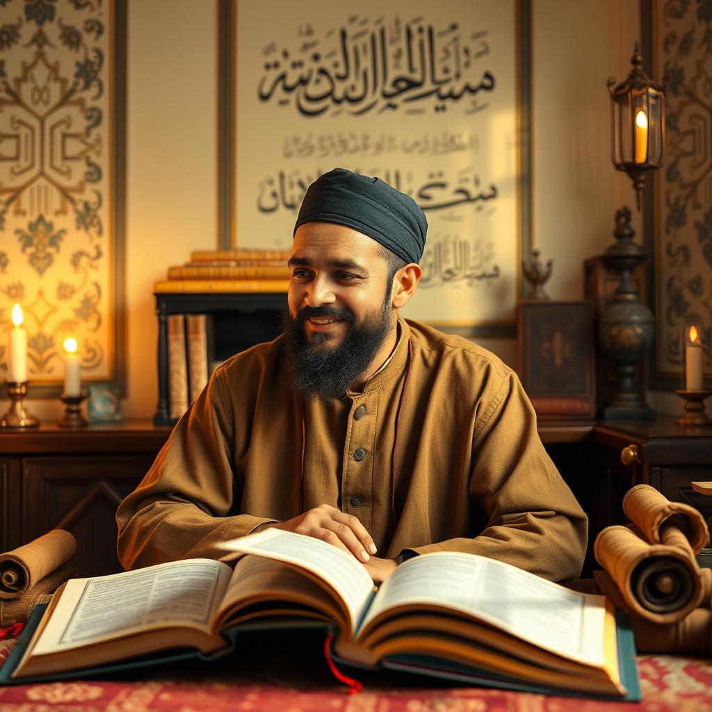 A wise Muslim man, attentively listening with a gentle smile, surrounded by open books and scrolls, symbolizing his dedication to beneficial knowledge