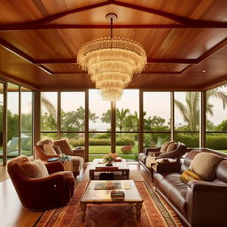 A lavish bungalow-style living room belonging to a billionaire, featuring plush tropical-themed furniture, an opulent chandelier, high-end artwork, sprawling views through a wall of glass sliders, and an inviting fireplace.