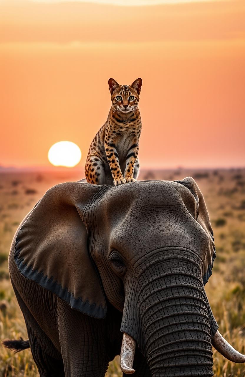 A female serval cat with striking green eyes, gracefully perched atop a majestic elephant, set against the vast backdrop of an African savannah