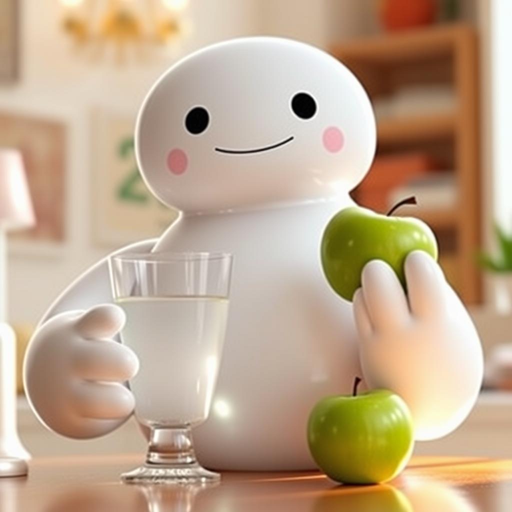 A cuddly, soft-looking inflatable robot named Baymax, with a friendly expression, holding a clear glass of water in one hand and a shiny green apple in the other