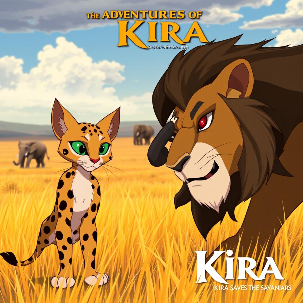 In a slightly animated scene for 'The Adventures of Kira: Kira Saves the Savannah', a fierce female serval cat with vibrant green eyes stands confidently, facing off against a powerful lion with a dark mane and piercing red eyes