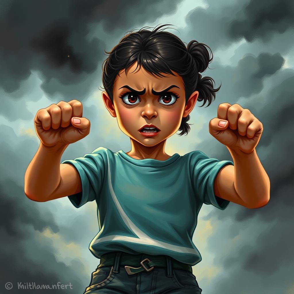 A young girl depicted in a strong emotional scene, showcasing her resilience and determination