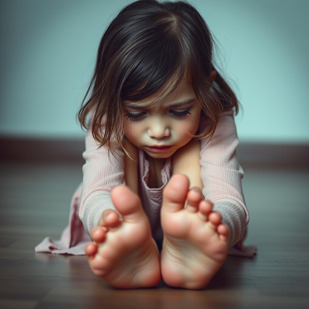 A poignant scene featuring a young girl with tears streaming down her face, sitting on the floor