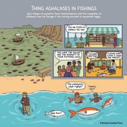 A comic strip illustrating the challenges faced in agriculture, specifically focusing on fishing