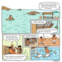 A comic strip illustrating the challenges faced in agriculture, specifically focusing on fishing