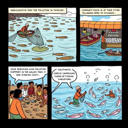 A comic strip illustrating the challenges faced in agriculture, specifically focusing on fishing
