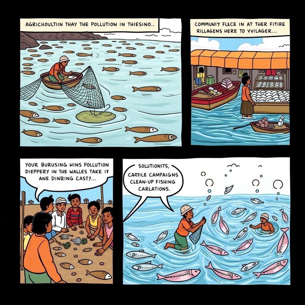 A comic strip illustrating the challenges faced in agriculture, specifically focusing on fishing