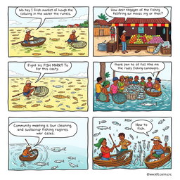 A comic strip illustrating the challenges faced in agriculture, specifically focusing on fishing