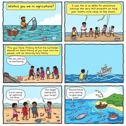 A comic strip addressing the issues in agriculture, particularly focusing on fishing