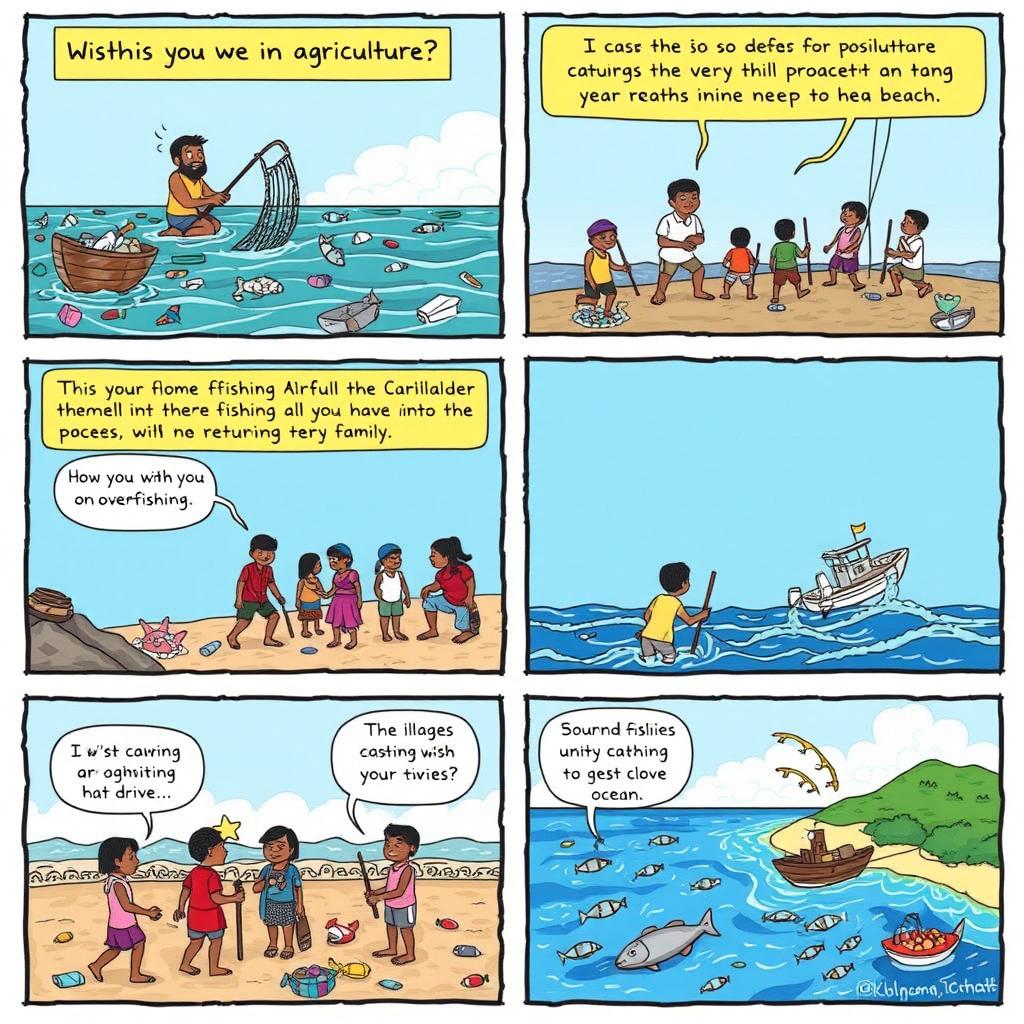 A comic strip addressing the issues in agriculture, particularly focusing on fishing
