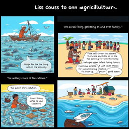 A comic strip addressing the issues in agriculture, particularly focusing on fishing