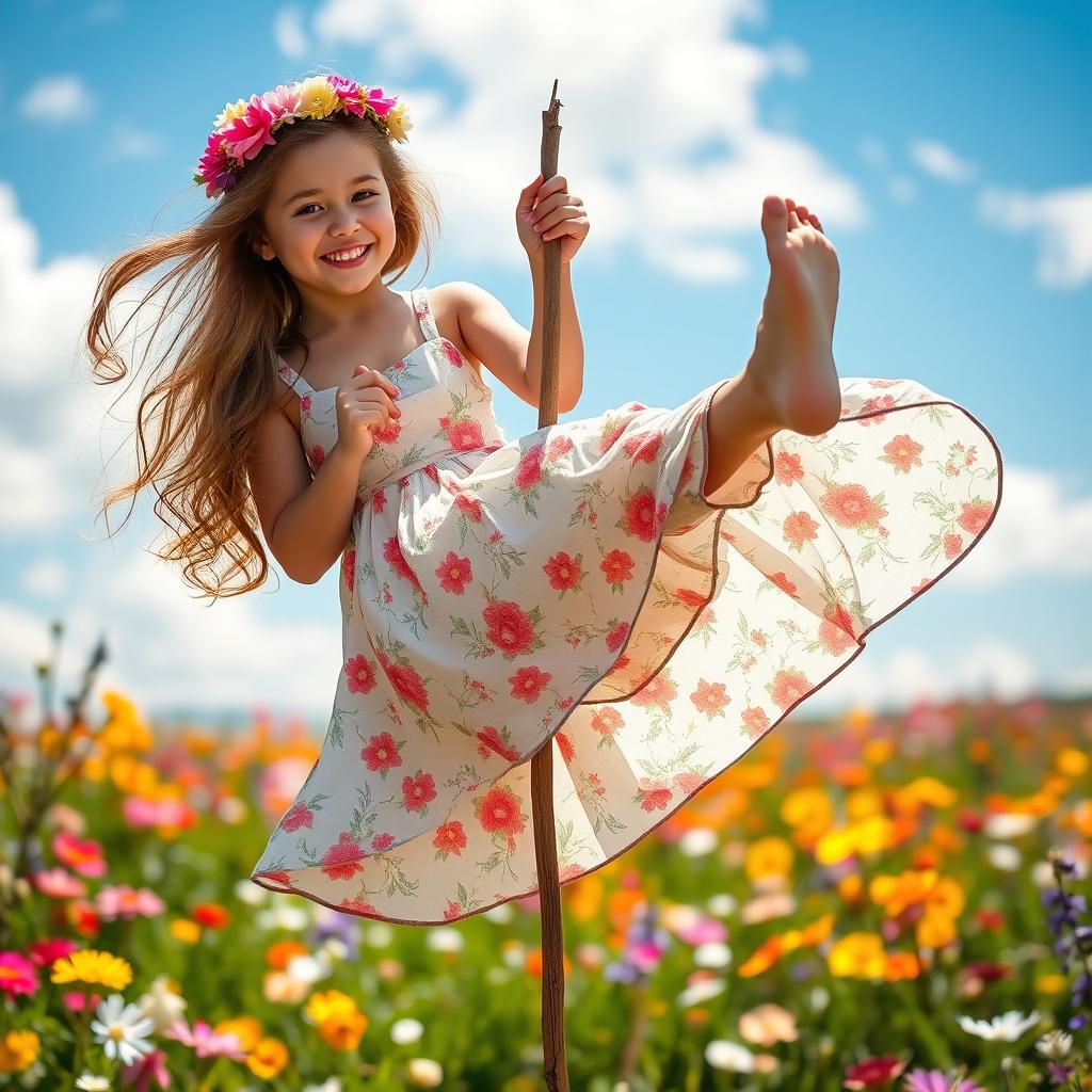 A young woman tied by her feet to a stick in a playful and whimsical manner, smiling as she balances carefully