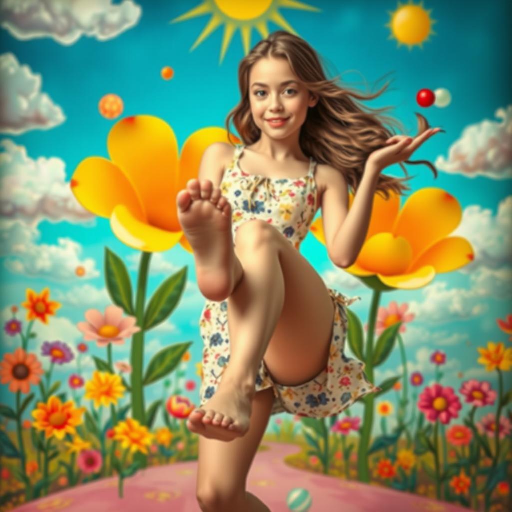 A young woman depicted in a creative, surreal art style, expressing a sense of playful fantasy