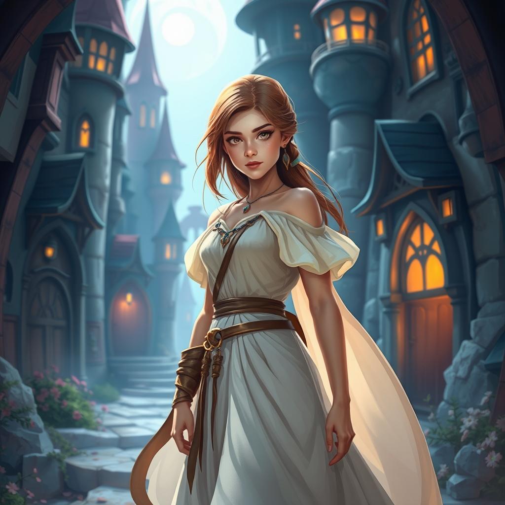 A stylized artistic representation of a young woman in an imaginative medieval setting, depicted in a manner emphasizing a fantasy atmosphere
