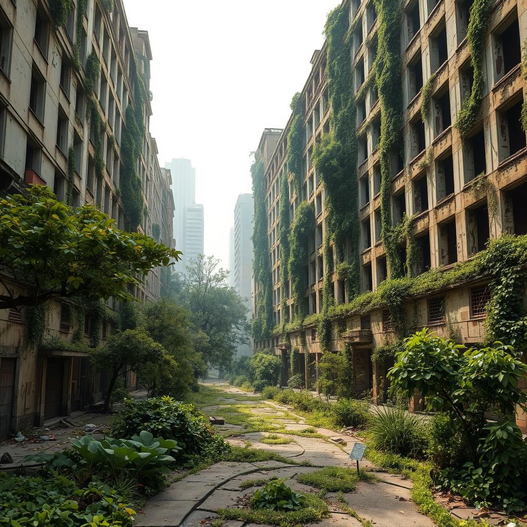 An abandoned city landscape featuring tall buildings in a decayed state