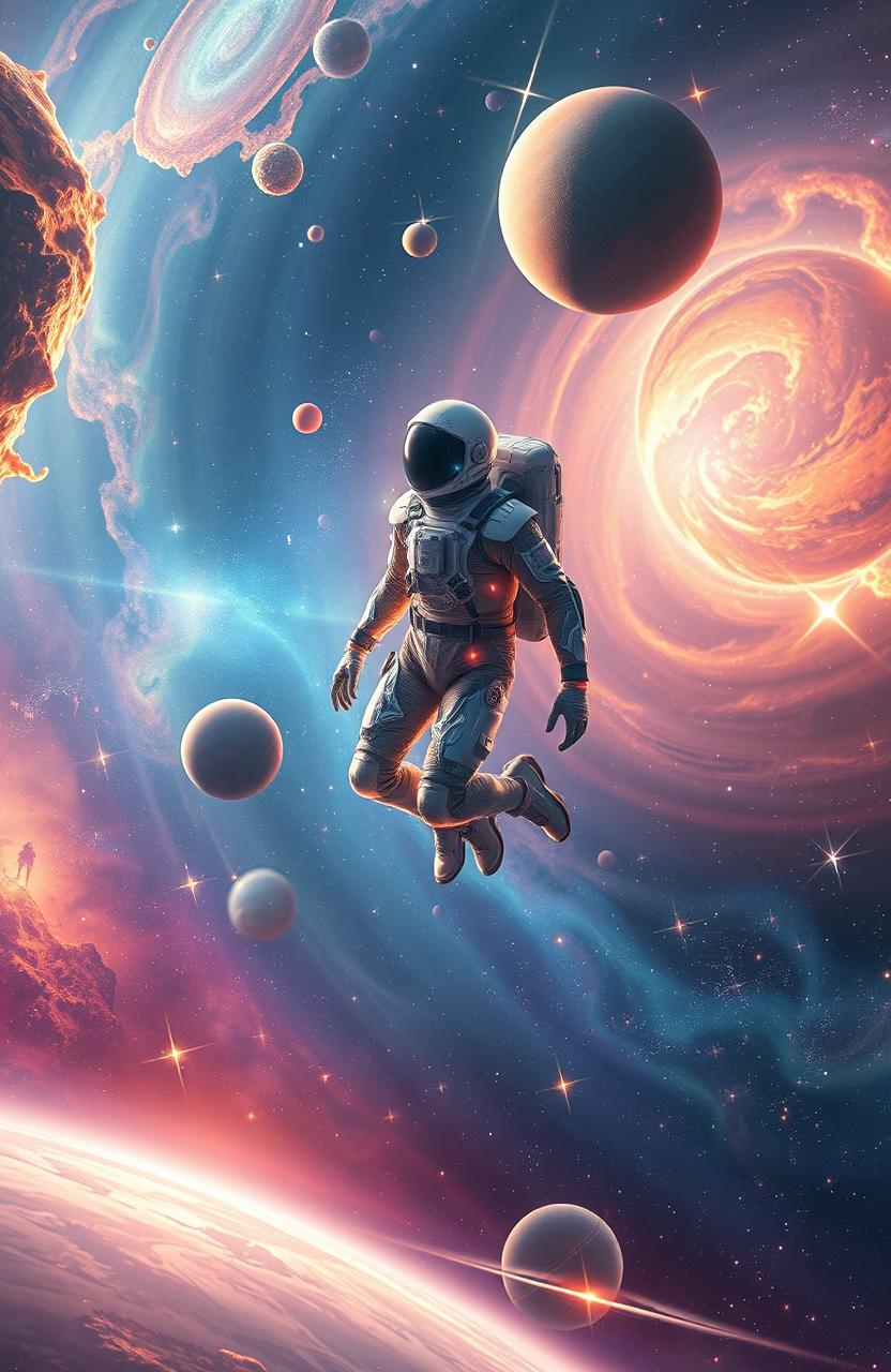An ethereal scene depicting a galactic traveler floating through a breathtaking cosmic landscape