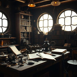 An intricate steampunk workshop filled with beautifully crafted gears, gadgets, and tools, dimly lit with warm ambient light