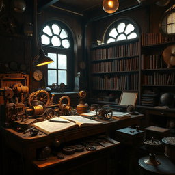 An intricate steampunk workshop filled with beautifully crafted gears, gadgets, and tools, dimly lit with warm ambient light