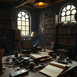 An intricate steampunk workshop filled with beautifully crafted gears, gadgets, and tools, dimly lit with warm ambient light