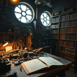 An intricate steampunk workshop filled with beautifully crafted gears, gadgets, and tools, dimly lit with warm ambient light