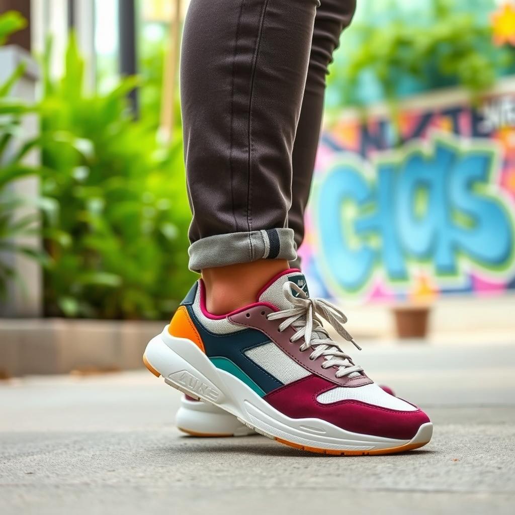 A person wearing stylish sneakers, standing confidently with a relaxed posture