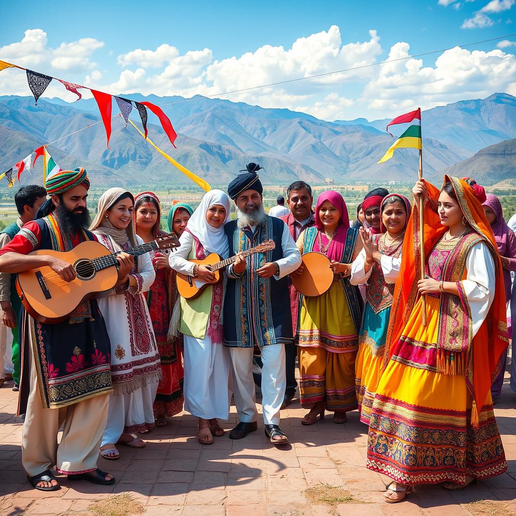 A vibrant and colorful celebration of Baloch culture, showcasing traditional costumes, music, and dance