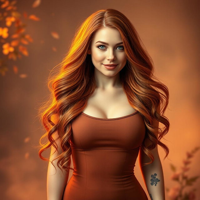 A vibrant and alluring portrait of a young curvy redhead woman, exuding confidence and sensuality