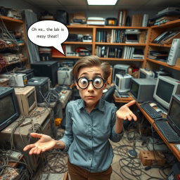 A chaotic computer lab scene filled with tangled cables, dusty and unused equipment scattered around the room, and a few neglected computers with visible signs of wear and tear