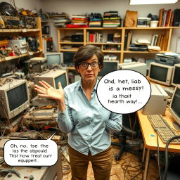 A chaotic computer lab scene filled with tangled cables, dusty and unused equipment scattered around the room, and a few neglected computers with visible signs of wear and tear