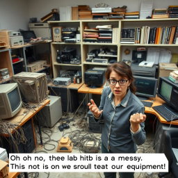A chaotic computer lab scene filled with tangled cables, dusty and unused equipment scattered around the room, and a few neglected computers with visible signs of wear and tear