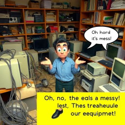 A chaotic computer lab scene filled with tangled cables, dusty and unused equipment scattered around the room, and a few neglected computers with visible signs of wear and tear